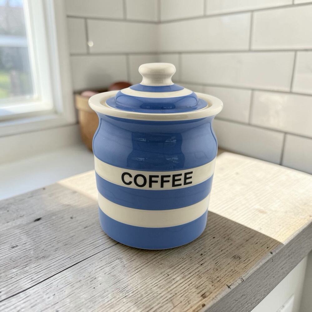 Cornishware Blue and White Coffee Caddy TG Pottery Cloverleaf England 1980s 6.5"